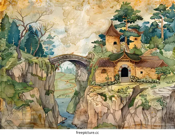 Watercolor Painting Of An Ancient Stone Bridge Over A Gorge With A Chinese Style Building On The Right Side