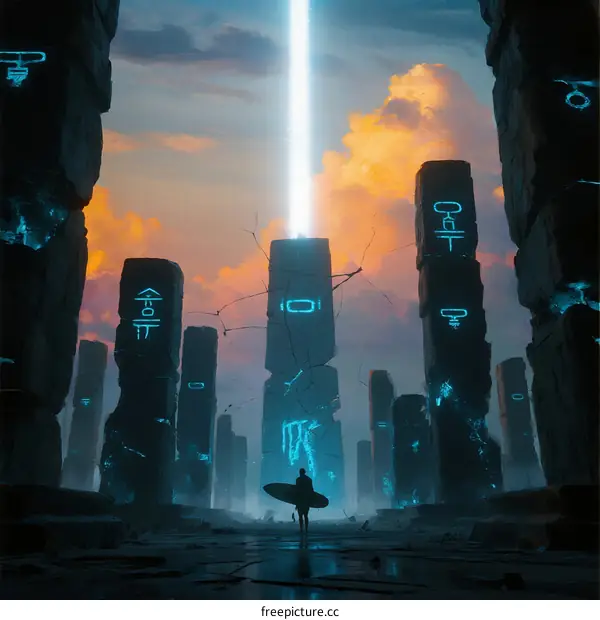 Surfer Standing Amidst Ancient Pillars with Glowing Runes at Sunset
