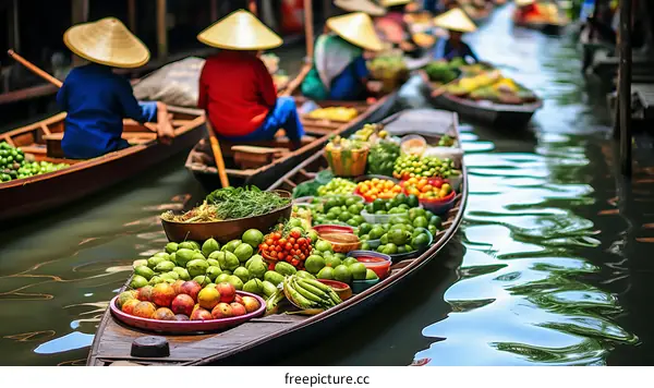 A bustling floating market in Thailand with boats full of fresh fruits and vegetables