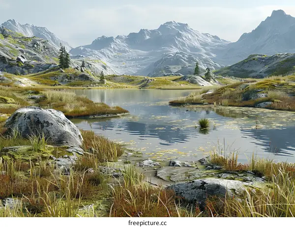 Mountain Lake Landscape with Rocks and Grass in Foreground