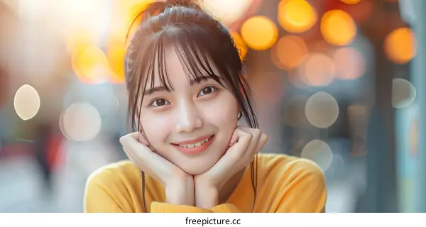 Smiling Asian Woman in a Yellow Sweater with Bokeh Background