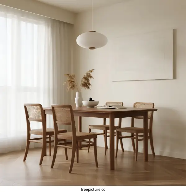 Modern minimalist dining room with wooden table and chairs
