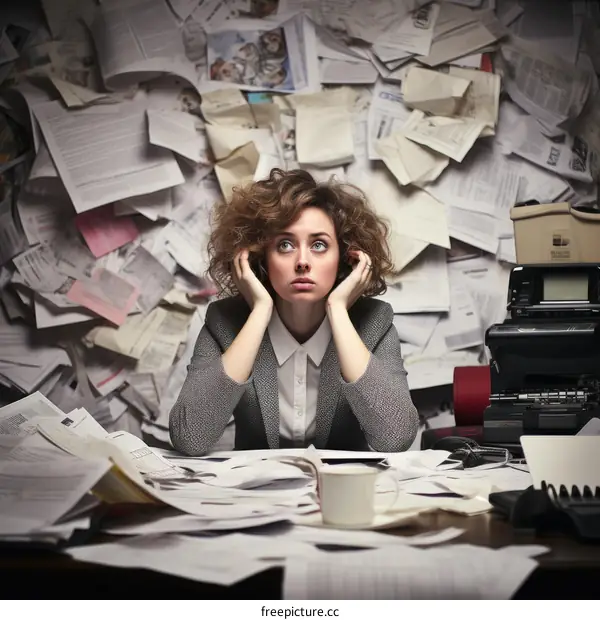 A woman drowning in paperwork