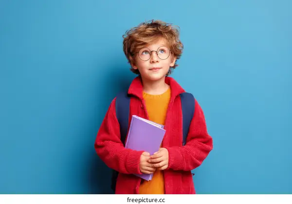 Thoughtful Child with Books in Front of a Solid Blue Background