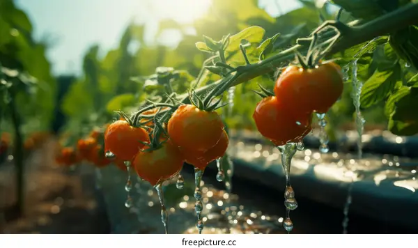 Close-up of ripe tomatoes on the vine with water drops