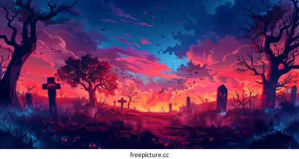 Forest Graveyard with Red Sky and Bats