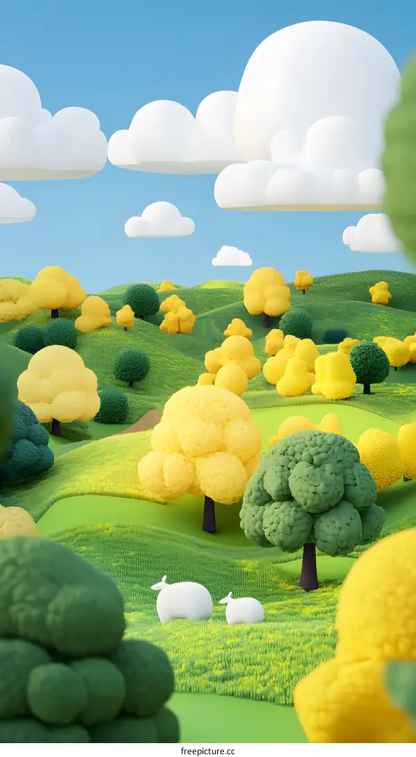 Cartoon Landscape with Sheep in a Green Field