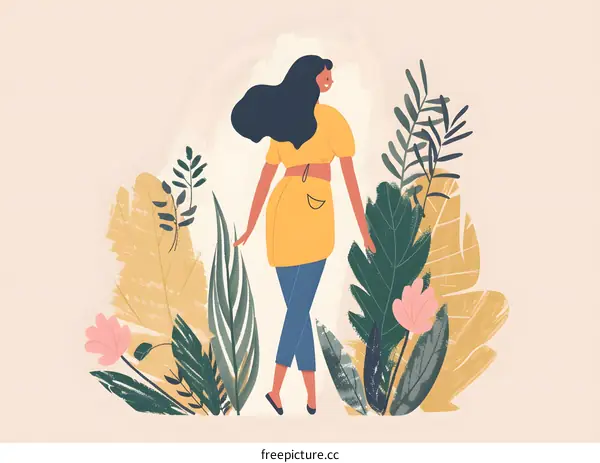 Woman walking through a tropical garden