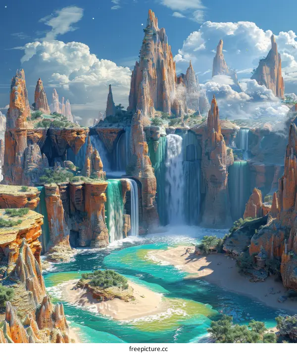 Breathtaking Fantasy Landscape with Cascading Waterfalls and a Serene River