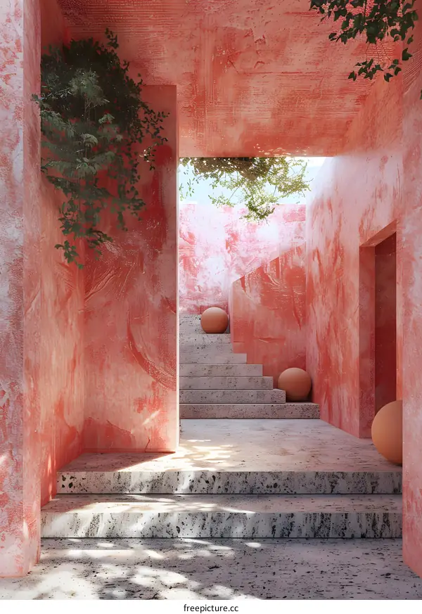 Minimalist Red Wall Staircase With Sphere