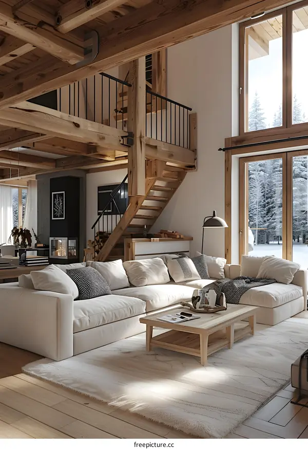 Modern Living Room Interior Design with Wooden Beams