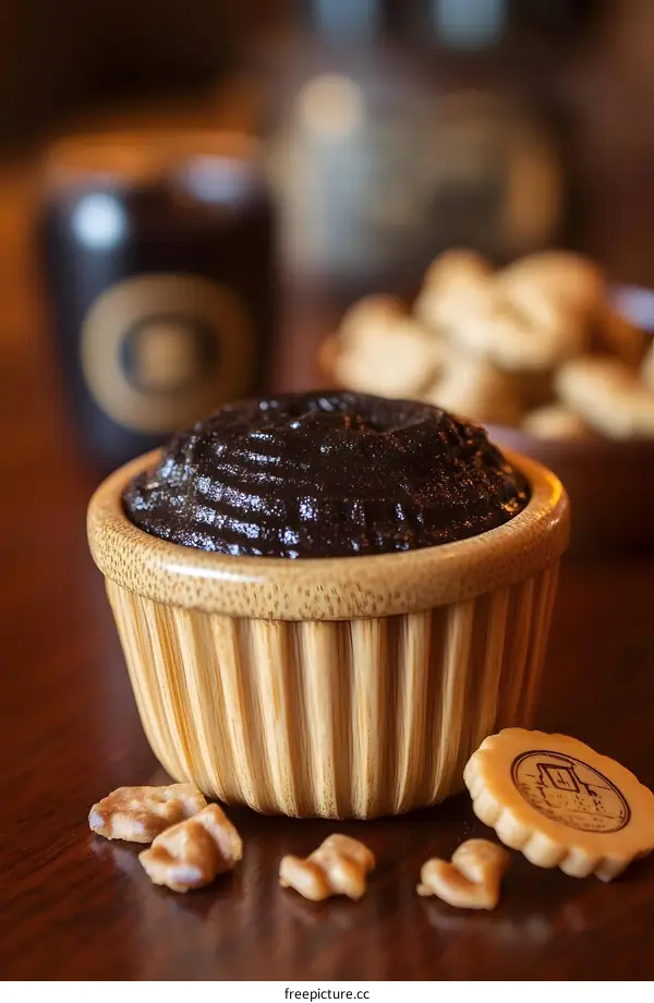 Close Up of Chocolate Spread in Wooden Bowl with Snacks