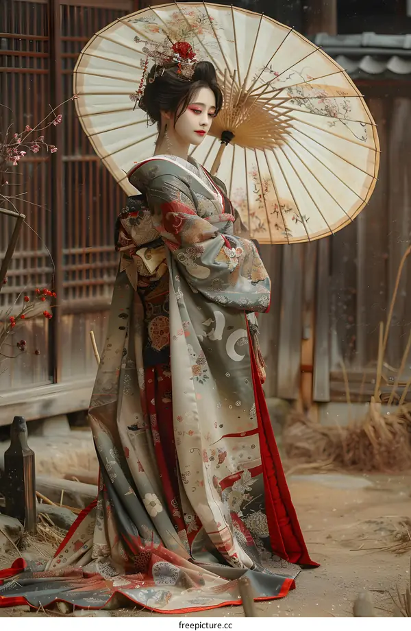 A woman in a kimono holding an umbrella