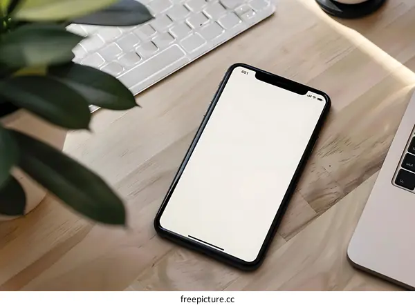 Blank Smartphone Screen on Wooden Table With Keyboard and Laptop