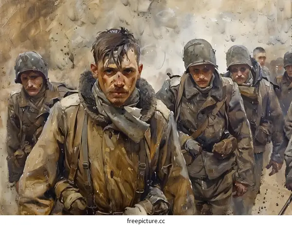 A group of soldiers walking through a war zone