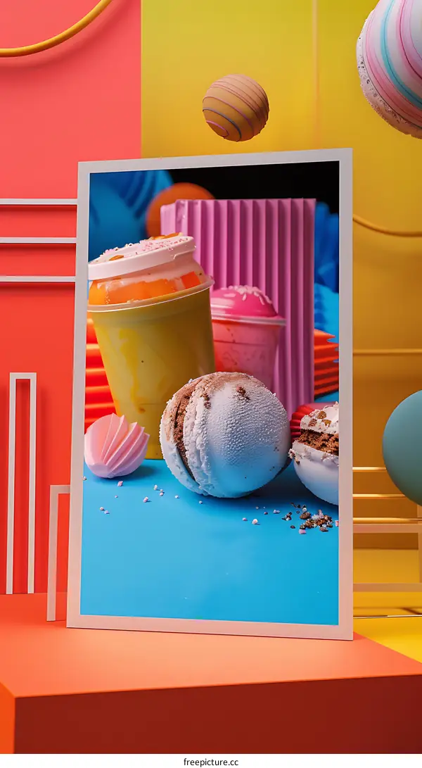 Colorful 3D Illustration With Drinks and Macarons