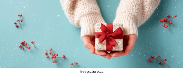 Hands Holding a Gift Box with Red Ribbon