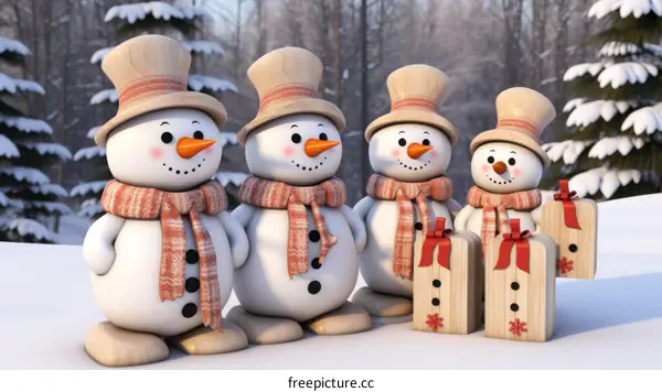 Four wooden snowmen stand in a snowy forest
