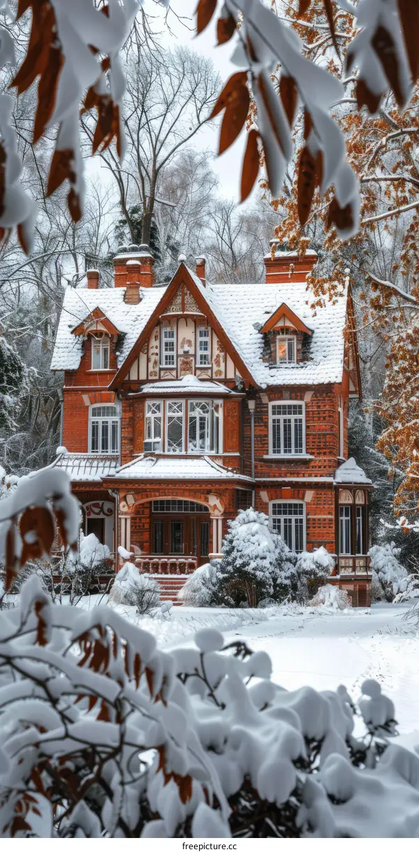 A Stunning Two-Story Brick House with Snow-Covered Trees and Bushes