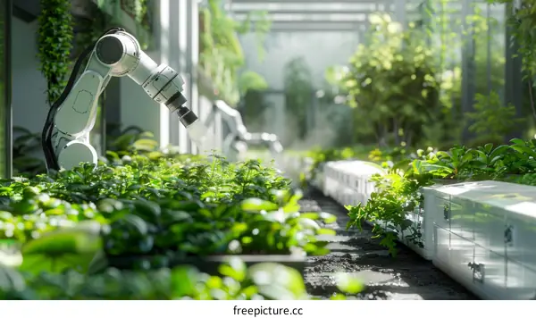 Robot arm watering plants in a greenhouse