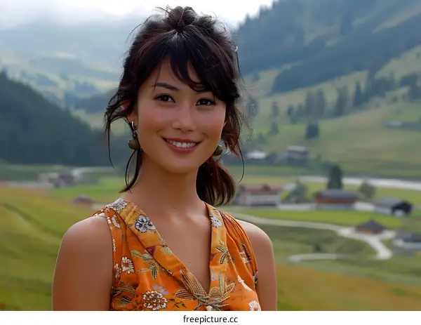 Smiling woman in an orange top in the Alps
