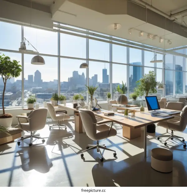 A modern office space with a city view