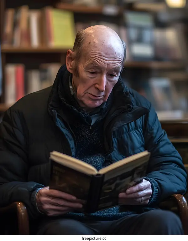 Senior Man Reading a Book in a Bookstore