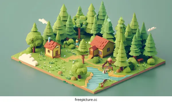 Low Poly Forest Scene With Houses And River