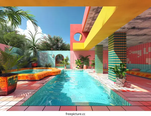 Retro futuristic swimming pool with bright colors and tropical plants