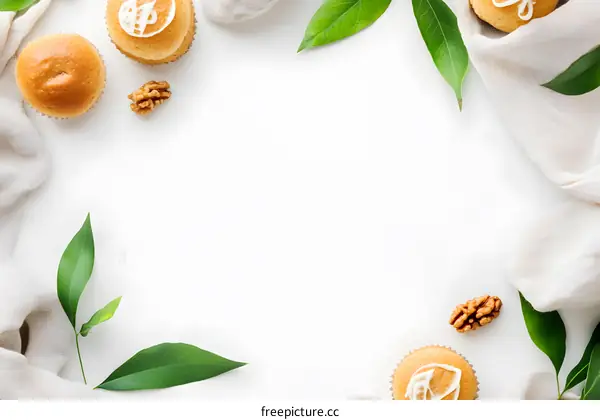 White Background with Green Leaves and Cupcakes