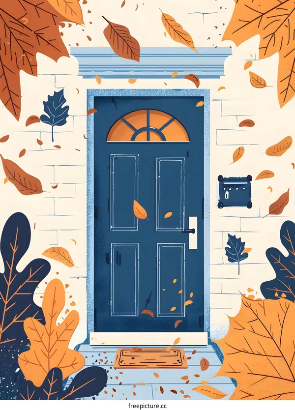 Autumn Doorway Illustration With Falling Leaves