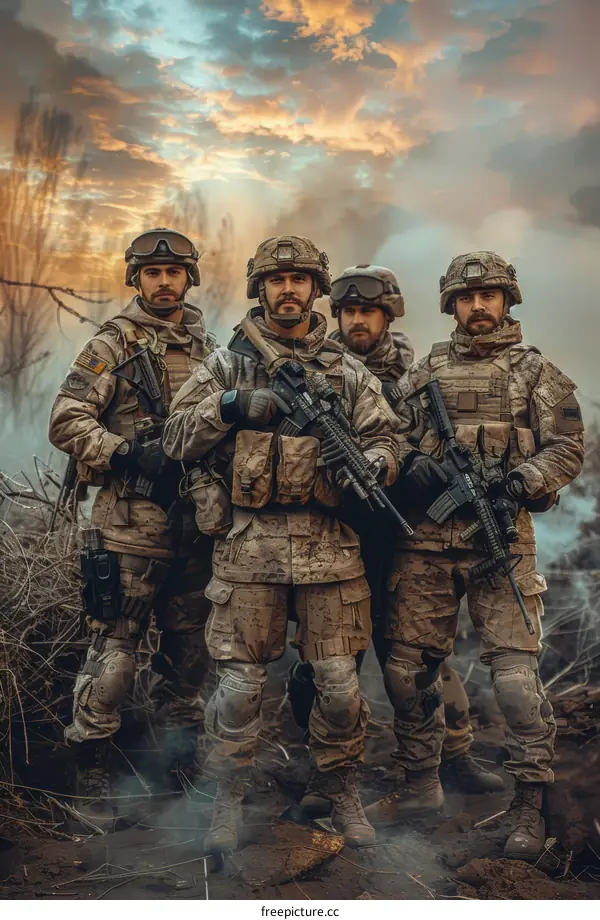 Four soldiers in military uniform with guns posing in front of a war zone