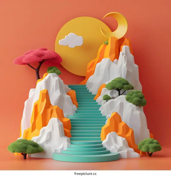 Abstract 3D Illustration of Mountains and Stairway in the Sky