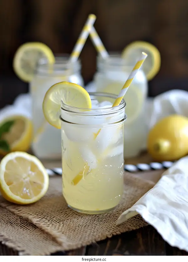 Refreshing Summer Lemonade with Lemon Slices and Straws