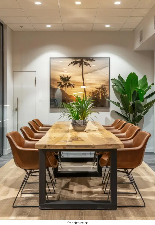 Modern Conference Room with Large Wooden Table and Leather Chairs