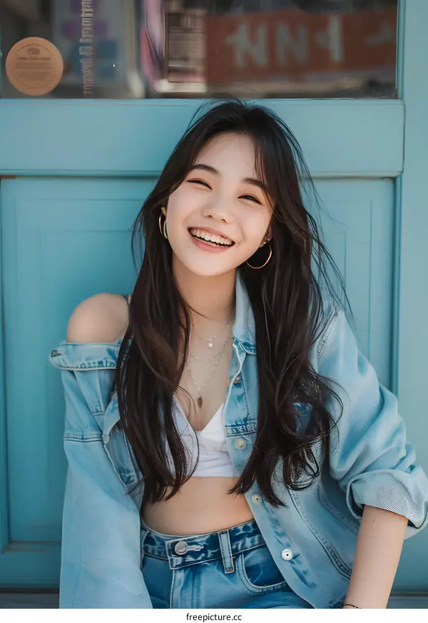 Smiling Woman Wearing Blue Denim Jacket