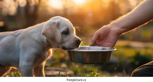 An adorable puppy drinks water as a human hand holds a bowl out to it