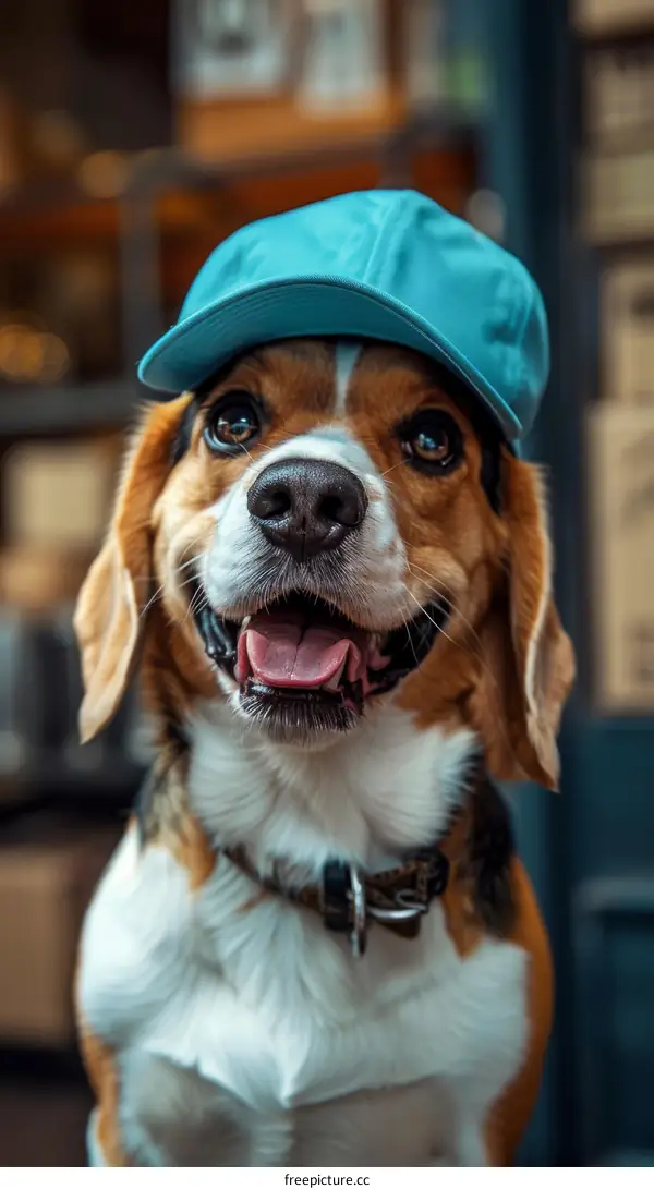A Beagle Wearing a Blue Hat