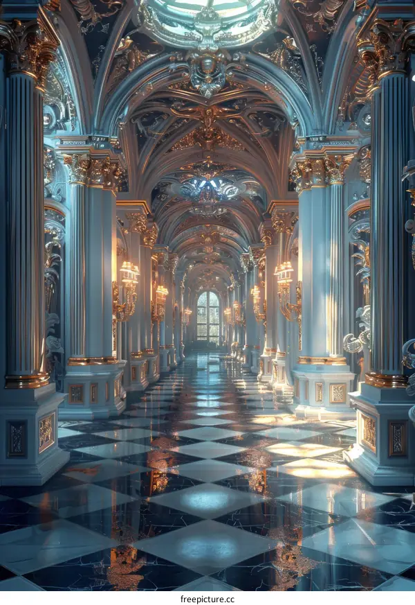 Ornate Hallway with Marble Floor and Statues
