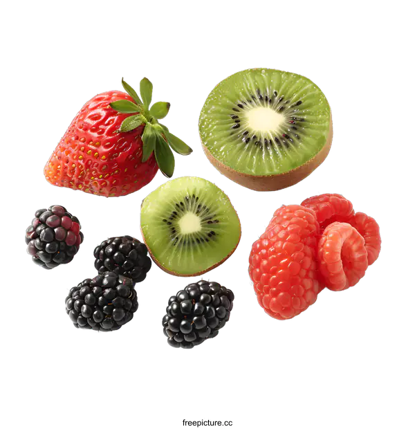[Transparent Background PNG]Freshly Sliced Kiwi, Strawberry, Raspberry and Blackberry