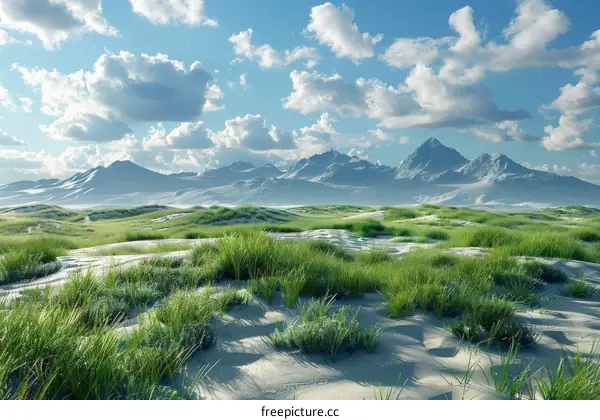 Sand Dunes in a Desert Landscape with Distant Mountains