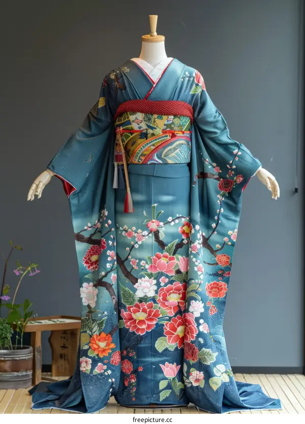 A kimono with a pattern of cherry blossoms and waves