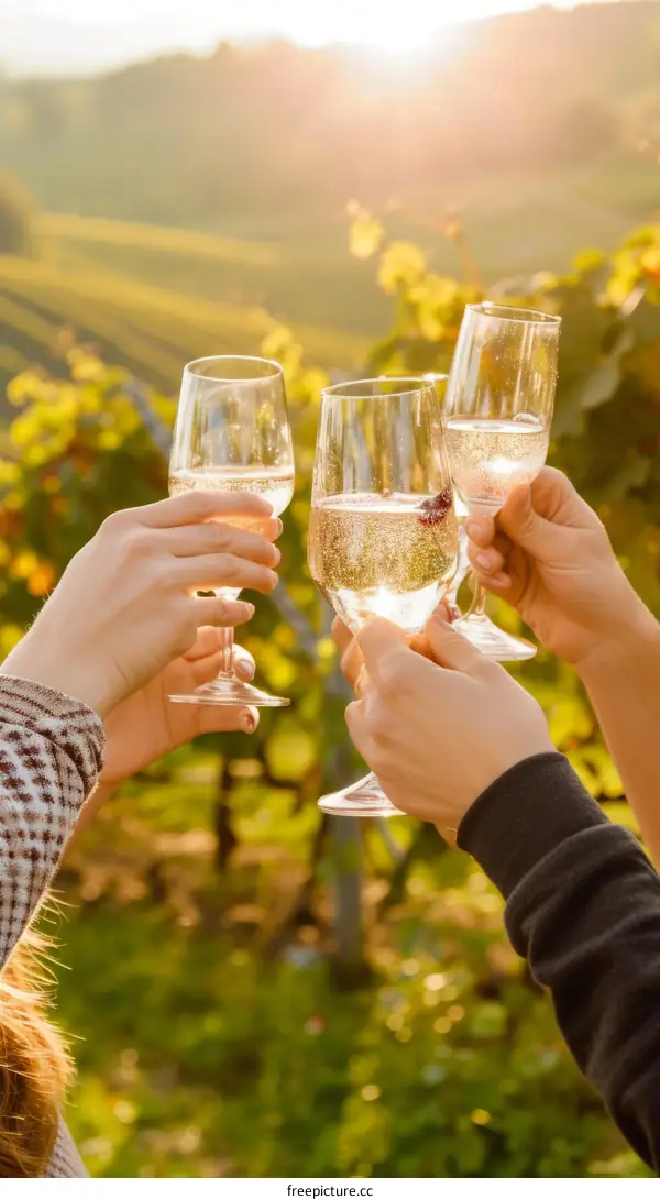 People toasting with champagne glasses in a vineyard