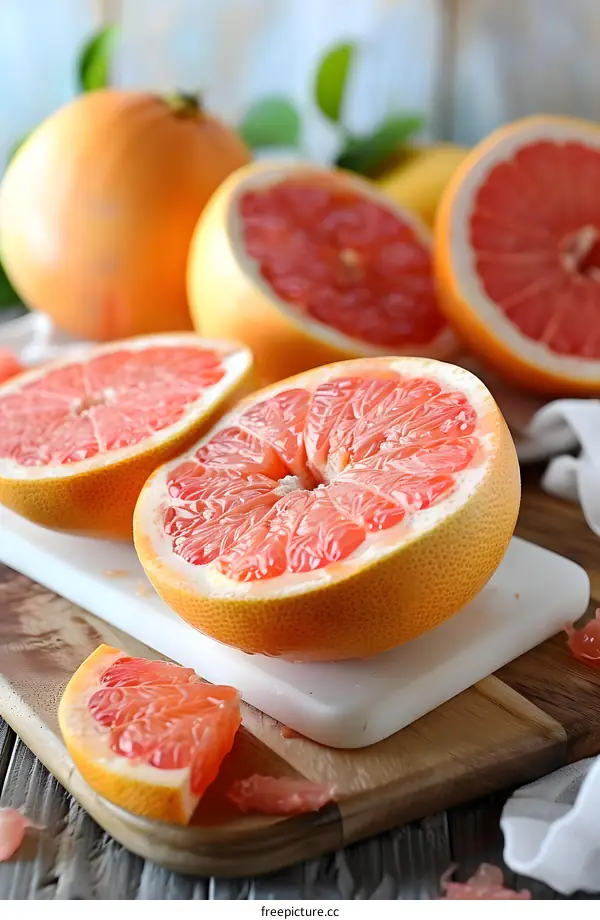 Freshly Cut Pink Grapefruit on Wooden Cutting Board