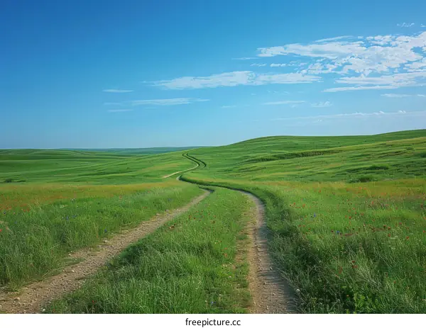 Winding Country Road Through Rolling Green Hills