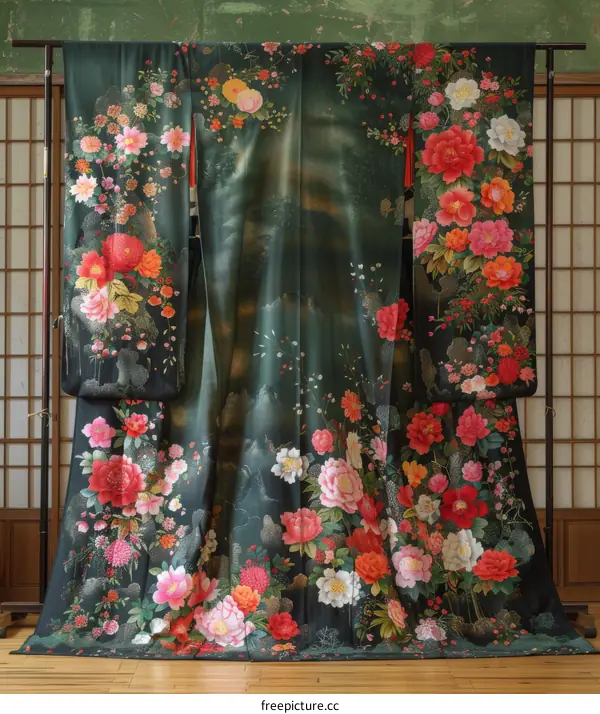 A kimono with a pattern of flowers and plants