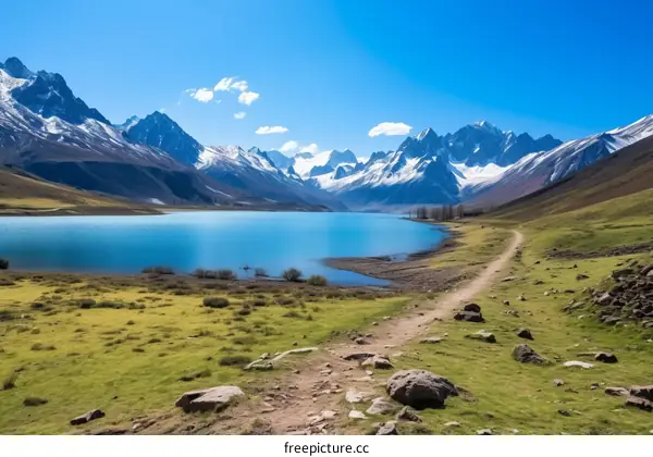 Scenic Mountain Lake Landscape with Snowcapped Peaks and碧绿湖泊与白雪皑皑的山峰和翠绿的草地