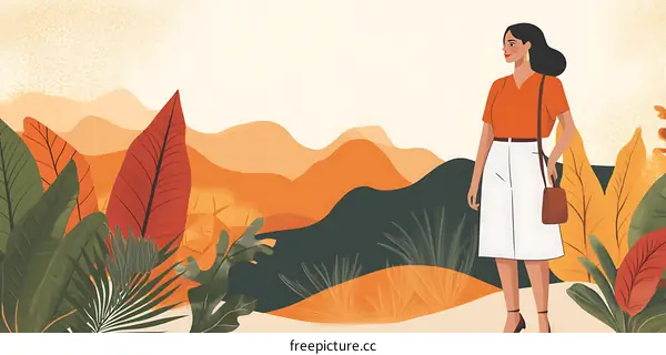 Woman in Orange Shirt and White Skirt Standing in a Mountain Landscape Illustration