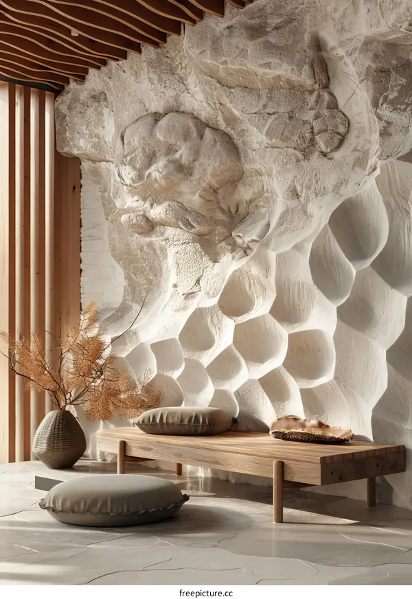 Embossed Art Wall with Log Bench Interior Design