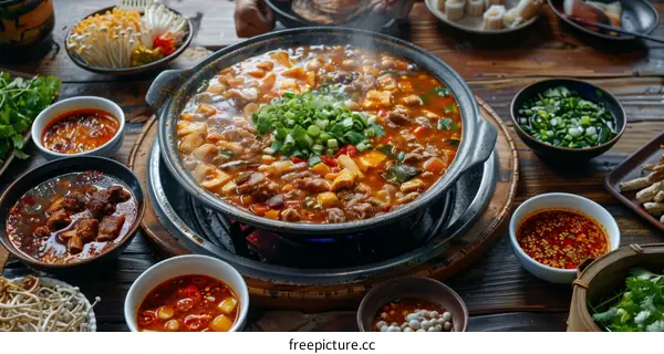 A table full of delicious Chinese food, including a hot pot, noodles, and dumplings
